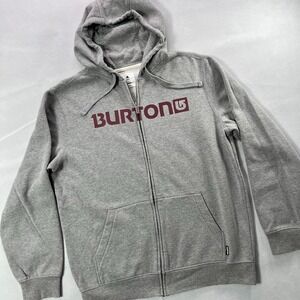 Burton Full Zip Hoodie Men Large Gray Maroon Spell Out Logo